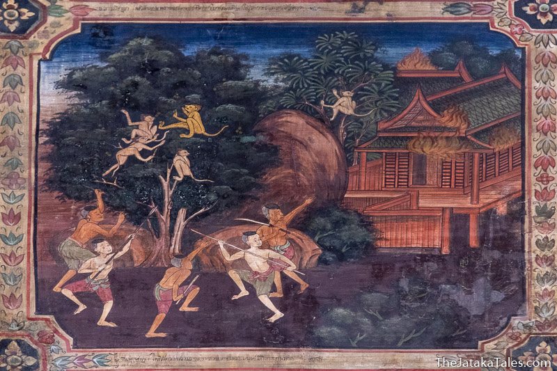 painting of monkeys in a tree while village burns