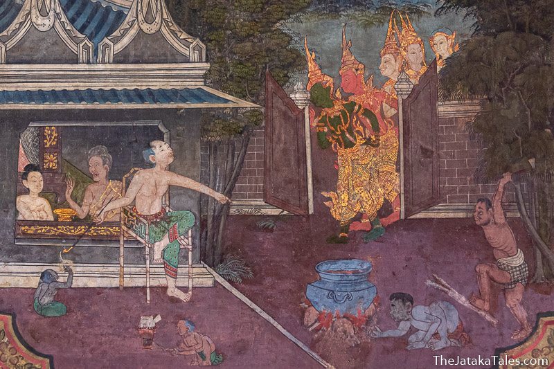 painting of Indra and other gods walking into a gate
