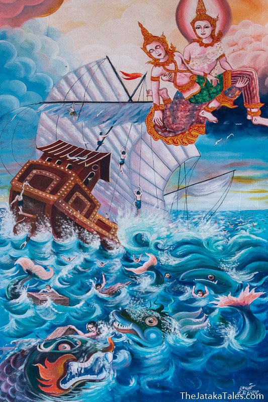 painting of a goddess rescuing Bodhisatta from a shipwreck