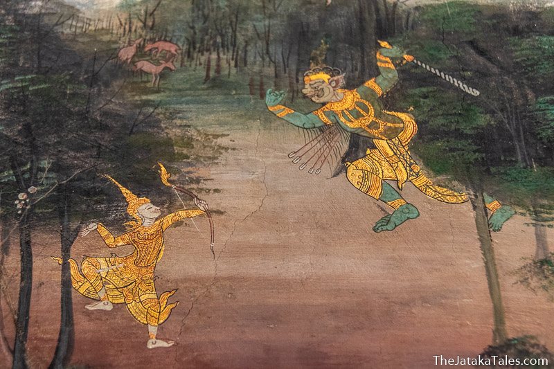 painting of Bodhisatta shooting arrows at an invincible ogre